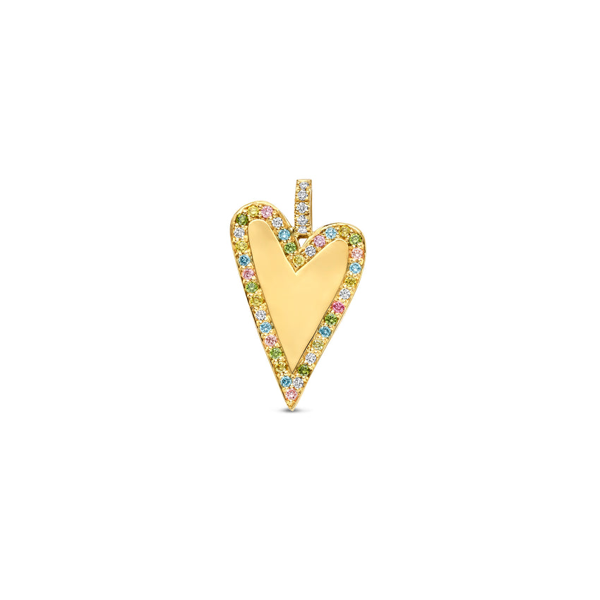 Gold heart-shaped pendant with colourful stones on a white background