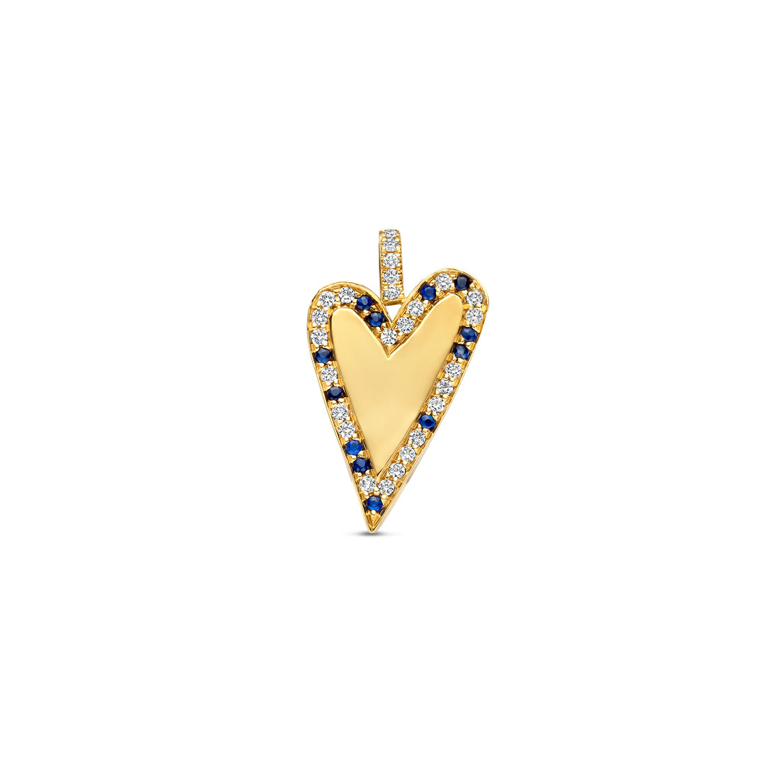 Gold heart-shaped pendant with blue and clear stones on a white background