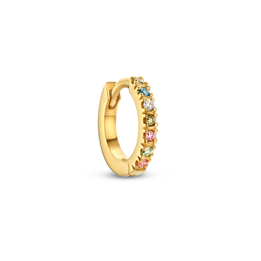 Gold hoop earring with pastel mix diamonds.