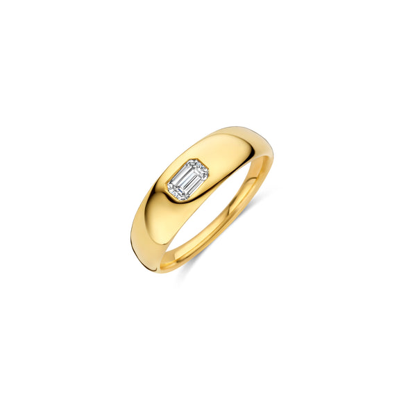 Gold ring with an emerald cut diamond on a white background