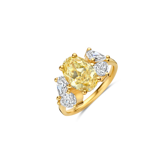 Solar Ring with a center oval 3ct yellow diamond, flanked by 4 pear shaped diamonds.