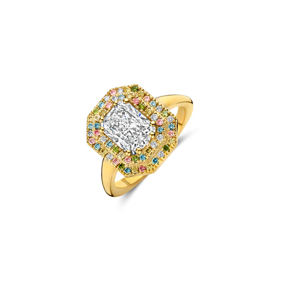 Gold ring with a central diamond and colorful gemstones on a white background