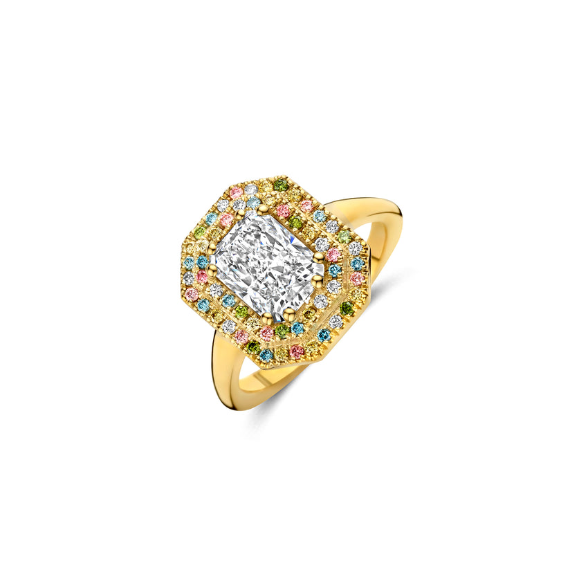 Gold ring with a central diamond and colorful gemstones on a white background