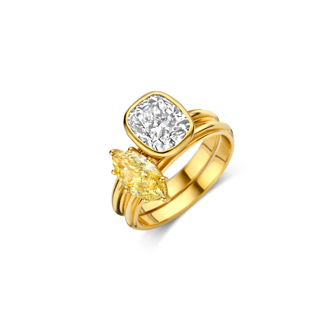 Chapter rings, cushion cut white diamond ring and the marquise cut yellow diamond.