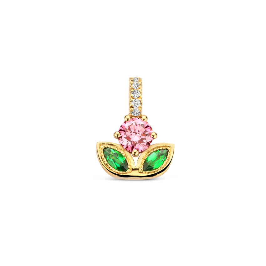 Jewellery pendant in the shape of a tulip with pink gemstone and green tsavolites.