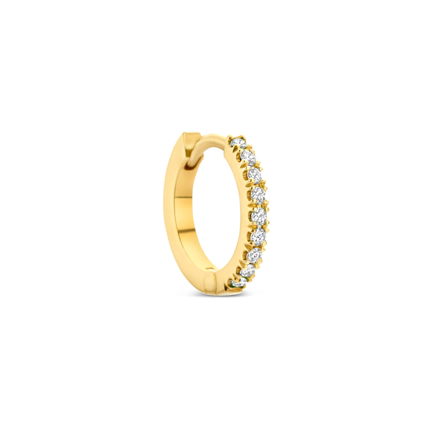 Gold hoop earring with small diamonds.