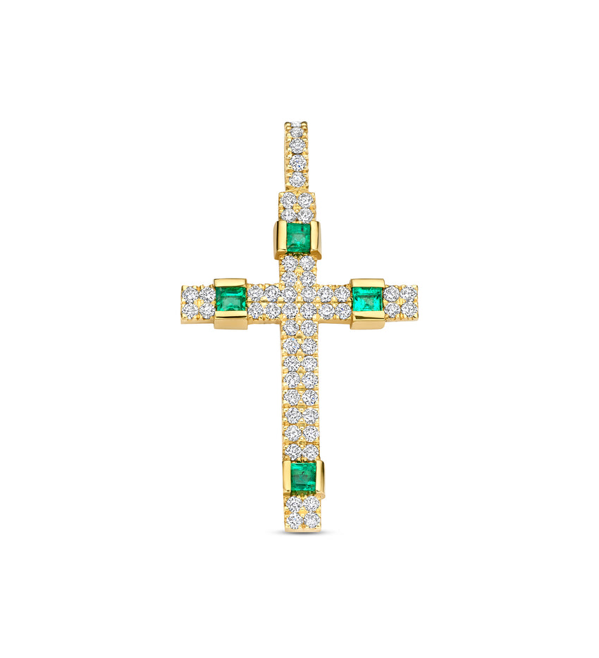 Gold cross pendant with emerald and diamond accents on a white background