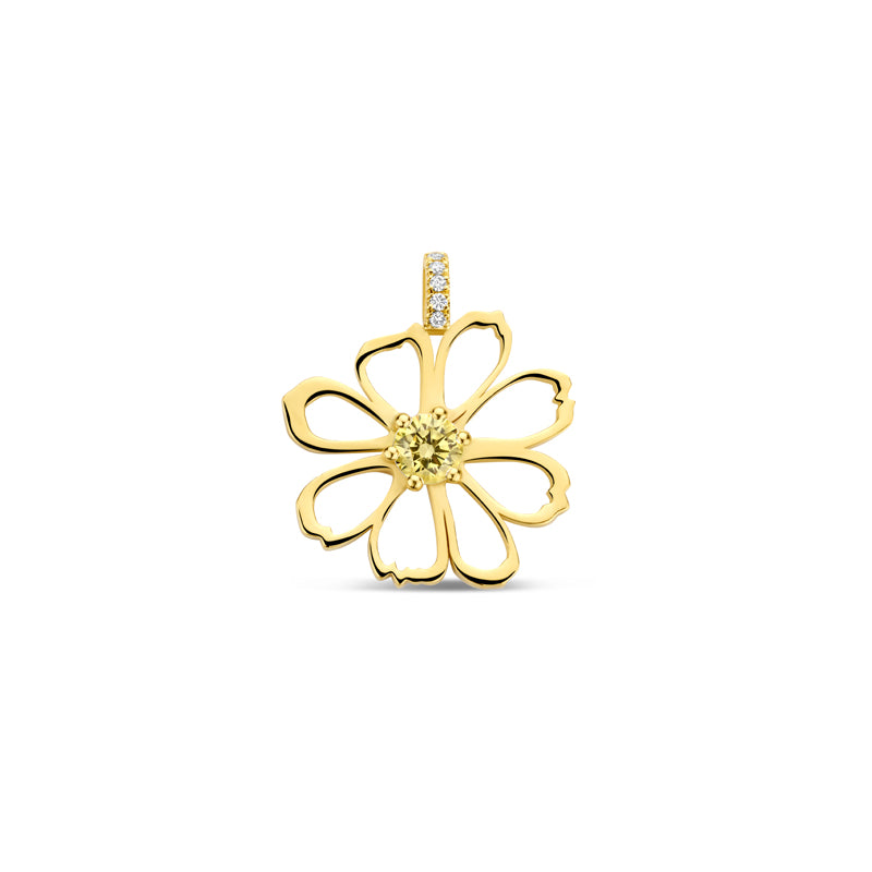 Gold flower-shaped pendant with a center yellow diamond and white diamonds in the bellière.