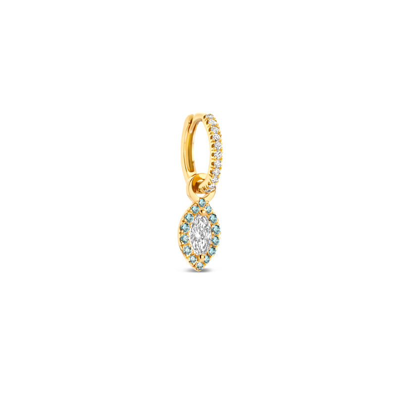 White S hoop with drop earring charm in blue.