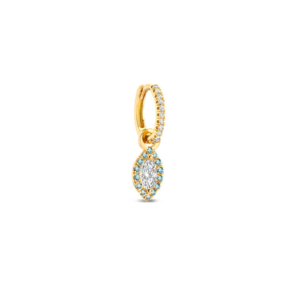 White S hoop with drop earring charm in blue.