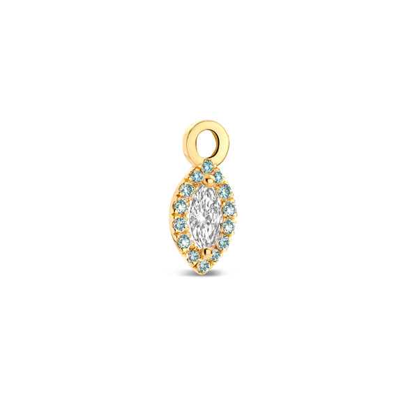 Drop earring charm with a center marquise surrounded by blue diamonds.