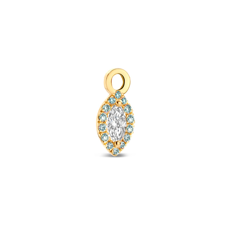 Drop earring charm with a center marquise surrounded by blue diamonds.