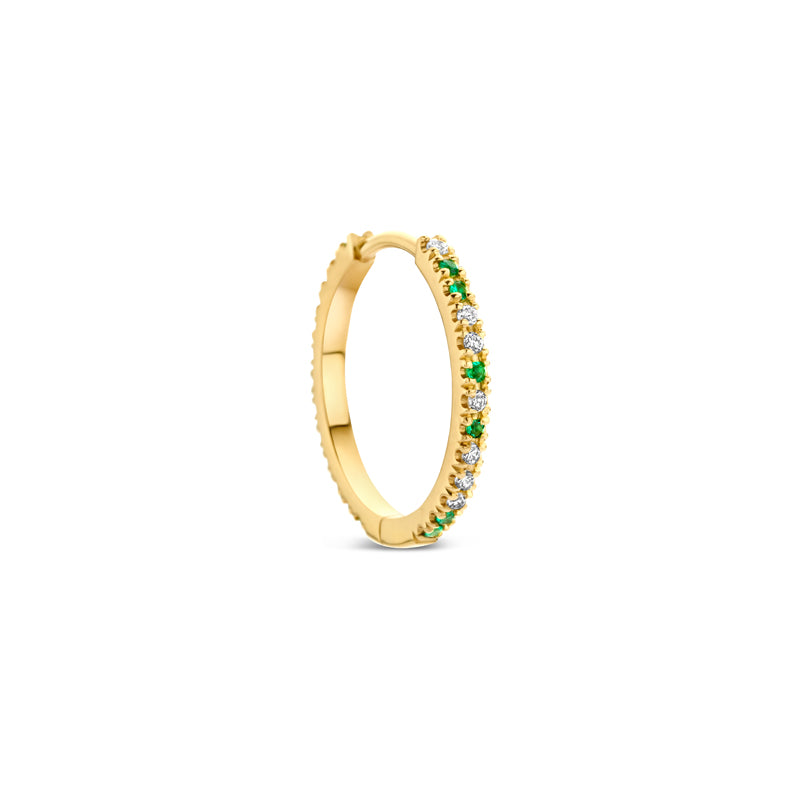 Gold hoop earring with emeralds and white diamonds.