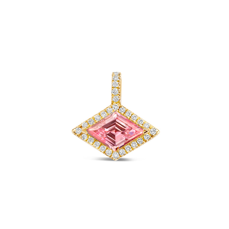 A lozenge pink diamond surrounded by white diamonds.