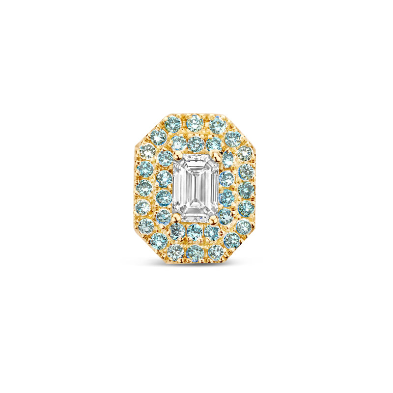 Rosalie ear stud with a center emerald diamond surrounded by blue diamonds.