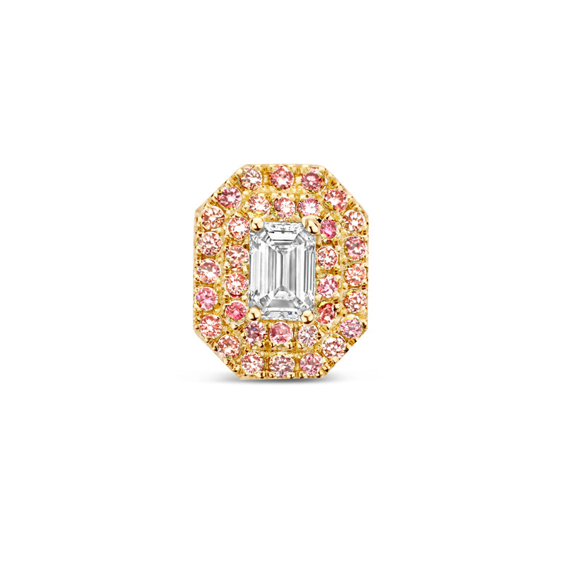 Rosalie ear stud with a center emerald diamond surrounded by pink diamonds.