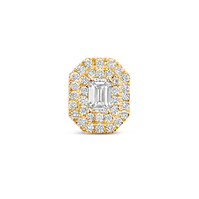 Rosalie ear stud with a center emerald diamond surrounded by white diamonds.