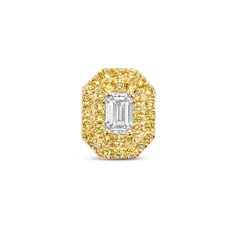 Rosalie ear stud with a center emerald diamond surrounded by yellow diamonds.