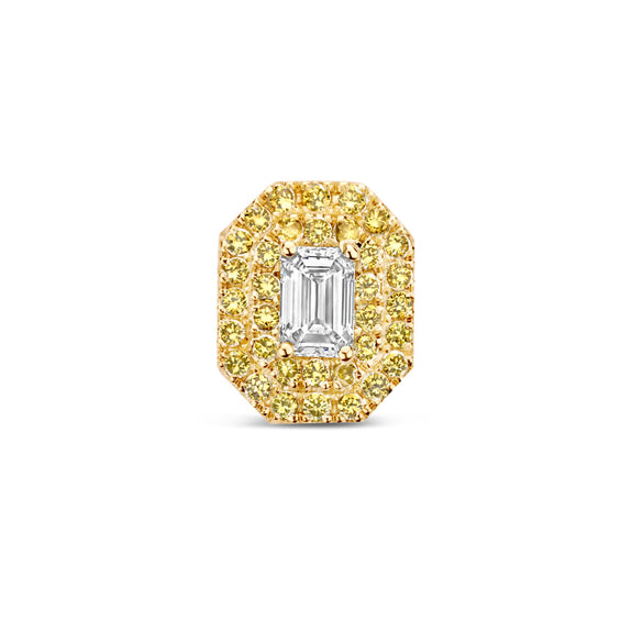 Rosalie ear stud with a center emerald diamond surrounded by yellow diamonds.