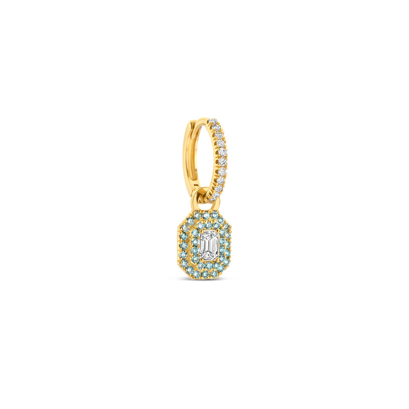 White S hoop earring with the Rosalie earring charm in blue.
