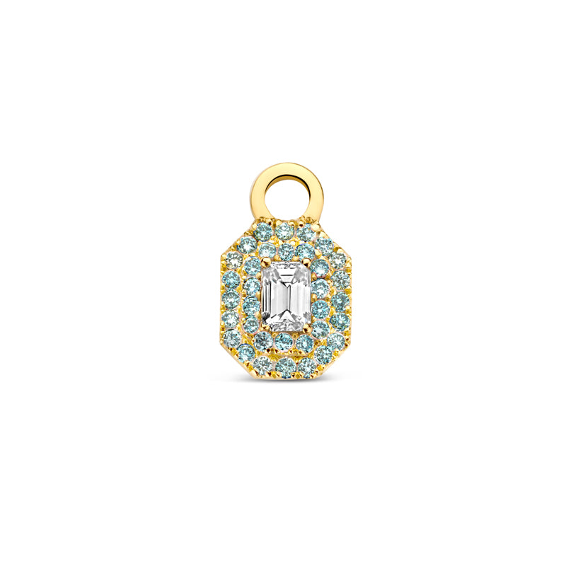 Gold pendant with emerald-cut center stone and surrounding blue diamonds on a white background