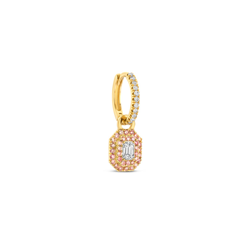 White S hoop Earring with the Rosalie earring charm in pink.