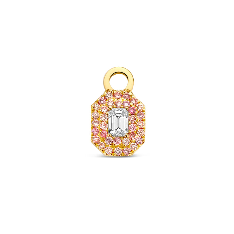 Gold pendant with pink diamonds on a white background