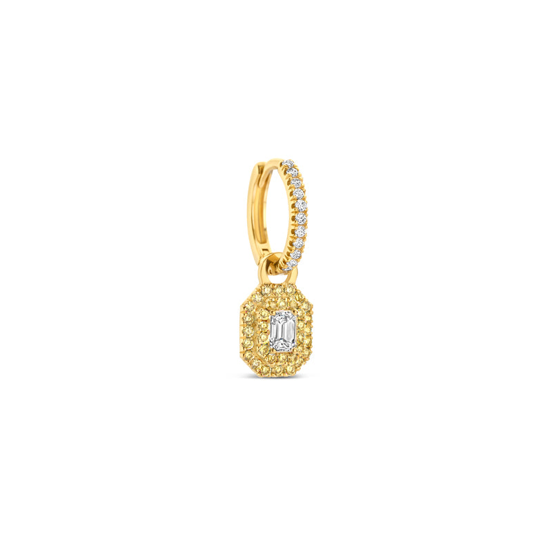 White S hoop earring with the Rosalie earring charm in yellow.