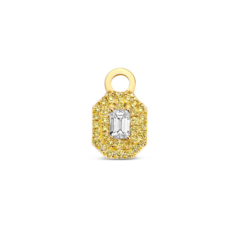 Gold pendant with a central emerald cut diamond surrounded by yellow diamonds. 