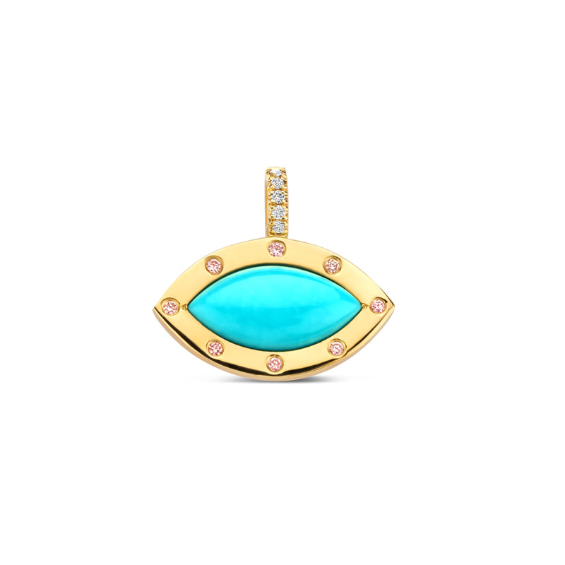 Turquoise marquise in the center surrounded by pink diamonds and white diamonds in the bellière.