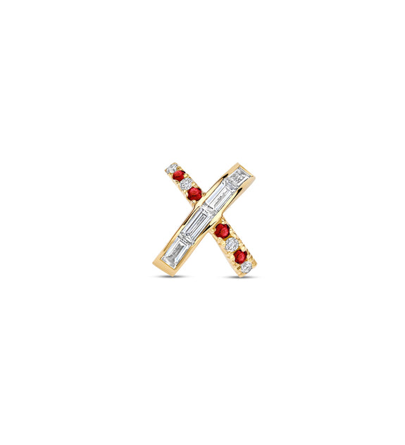 Gold earring with red and diamond gemstones