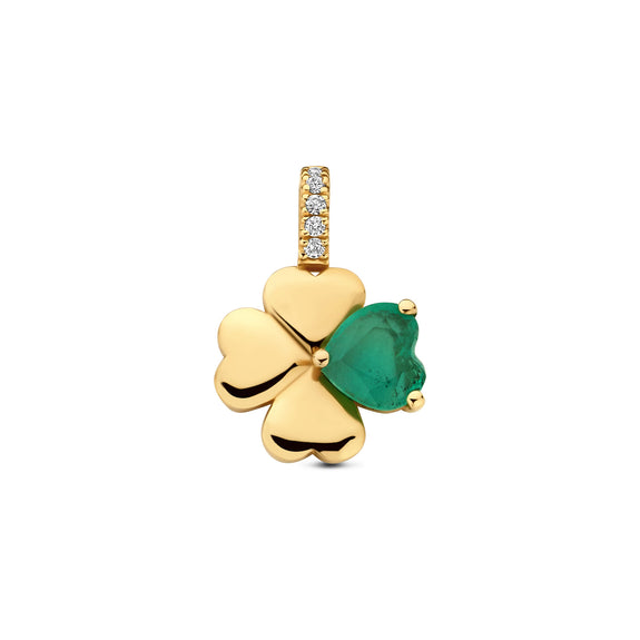 Gold four-leaf clover pendant with a green gemstone on a white background
