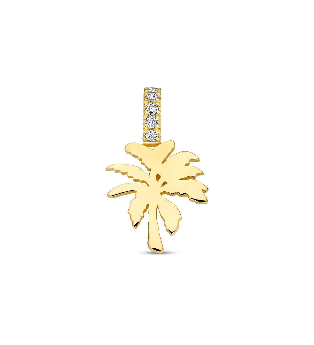 Gold palm tree pendant with diamond accents on a white background