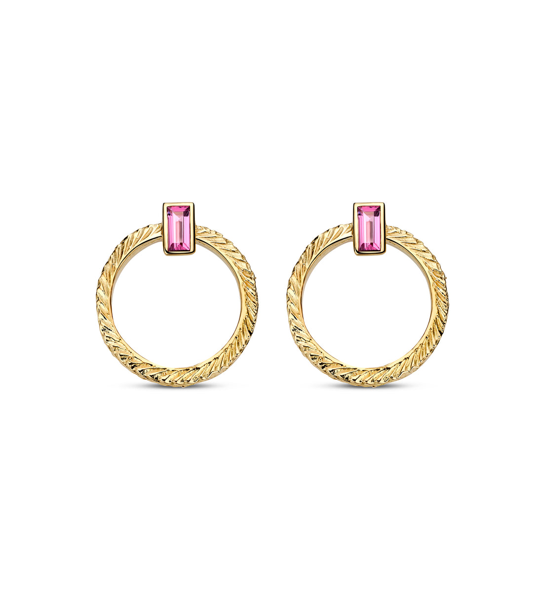 Gold hoop earrings with pink gemstones on a white background