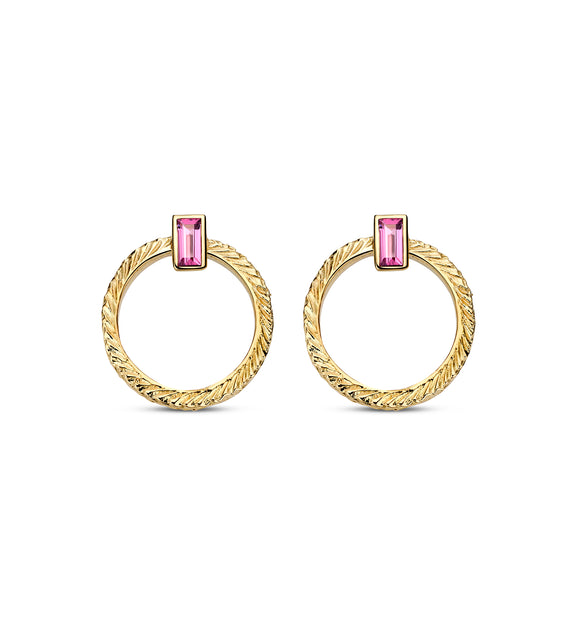 Gold hoop earrings with pink gemstones on a white background