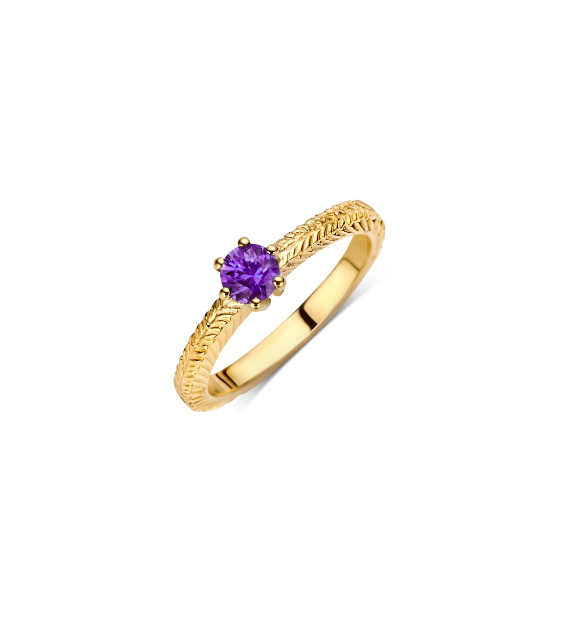 Birthstone Pinky Ring with Amethyst gemstone and engraved palm leaf design