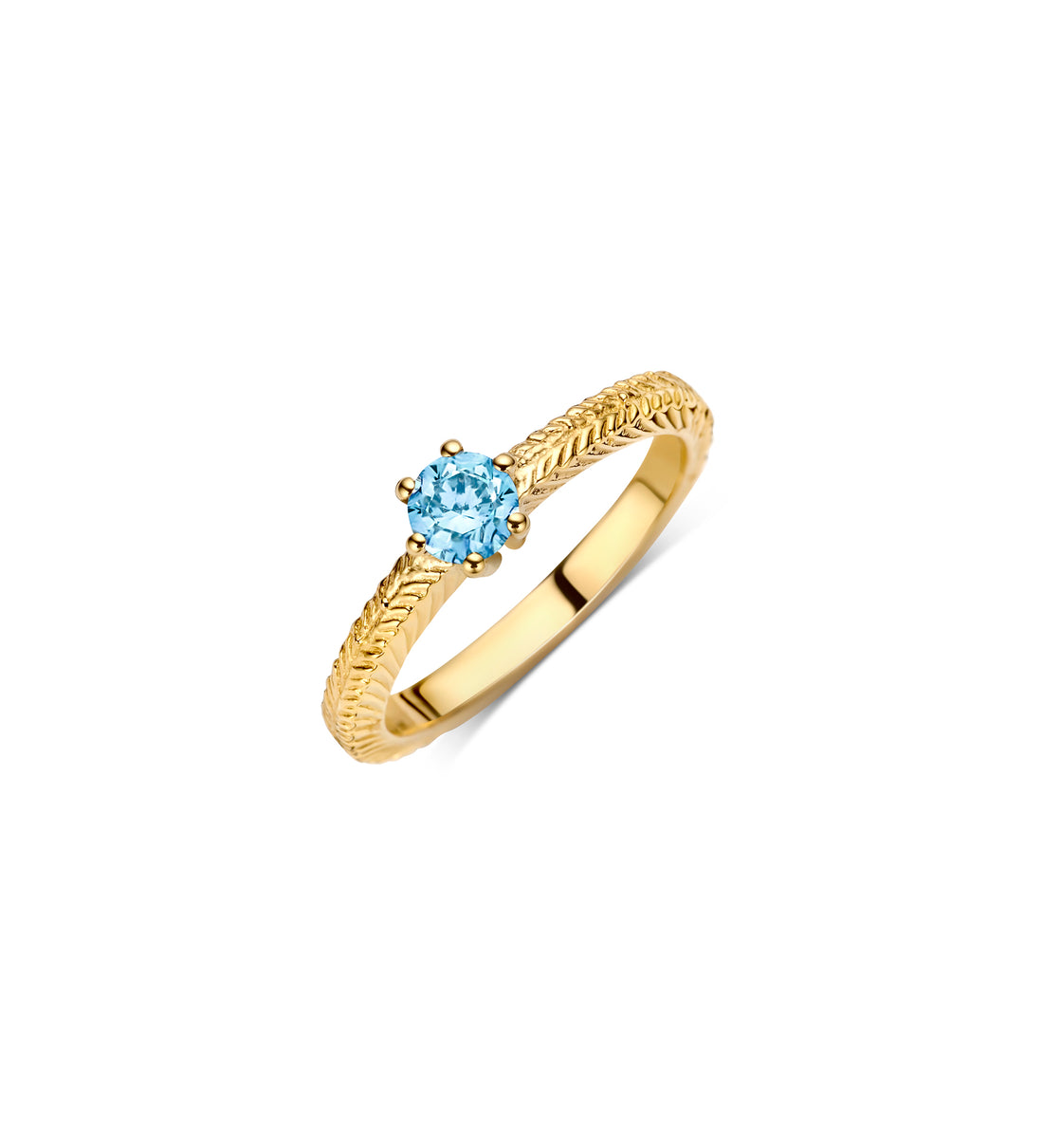 Birthstone Pinky Ring with Aquamarine gemstone and engraved palm leaf design