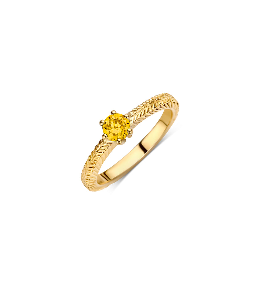 Birthstone Pinky Ring with Citrine gemstone and engraved palm leaf design