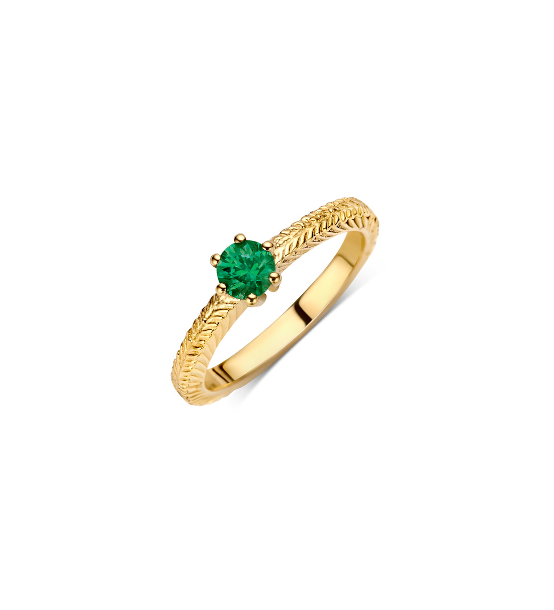 Birthstone Pinky Ring with Emerald gemstone and engraved palm leaf design