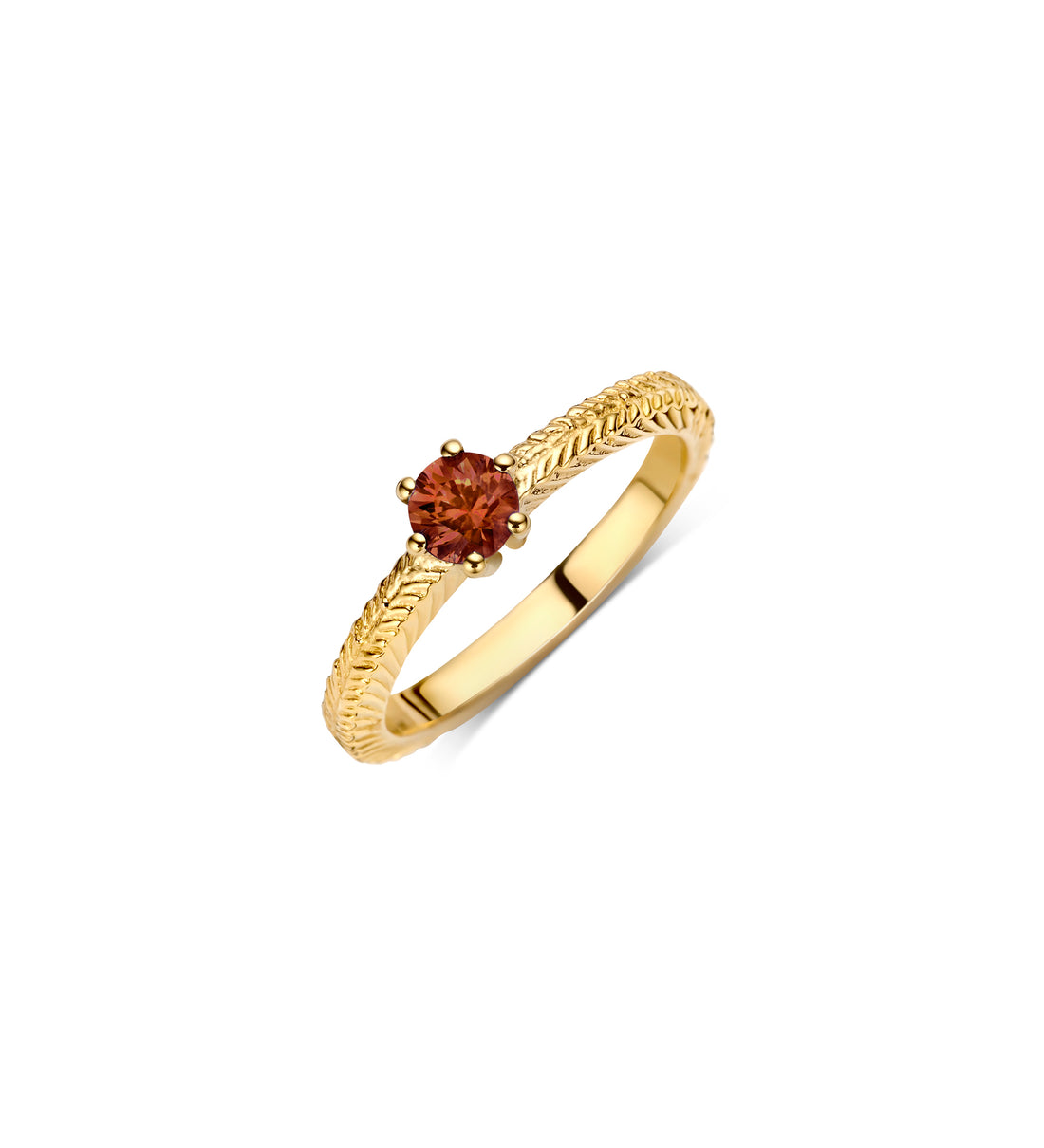 Birthstone Pinky Ring with Garnet gemstone and engraved palm leaf design