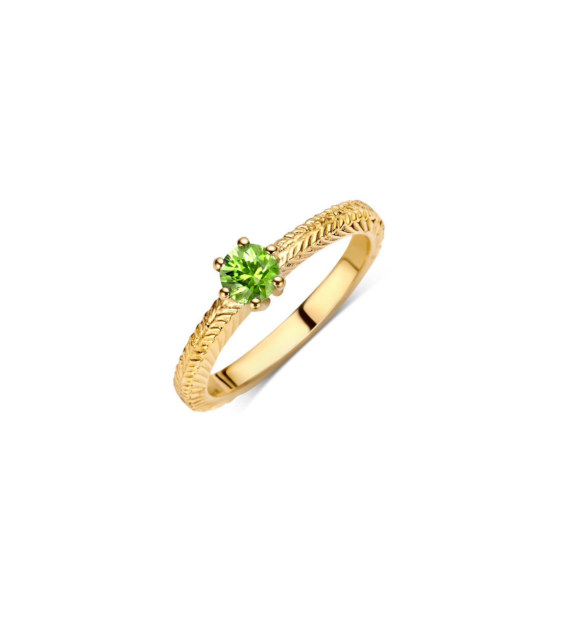 Birthstone Pinky Ring with Peridot gemstone and engraved palm leaf design