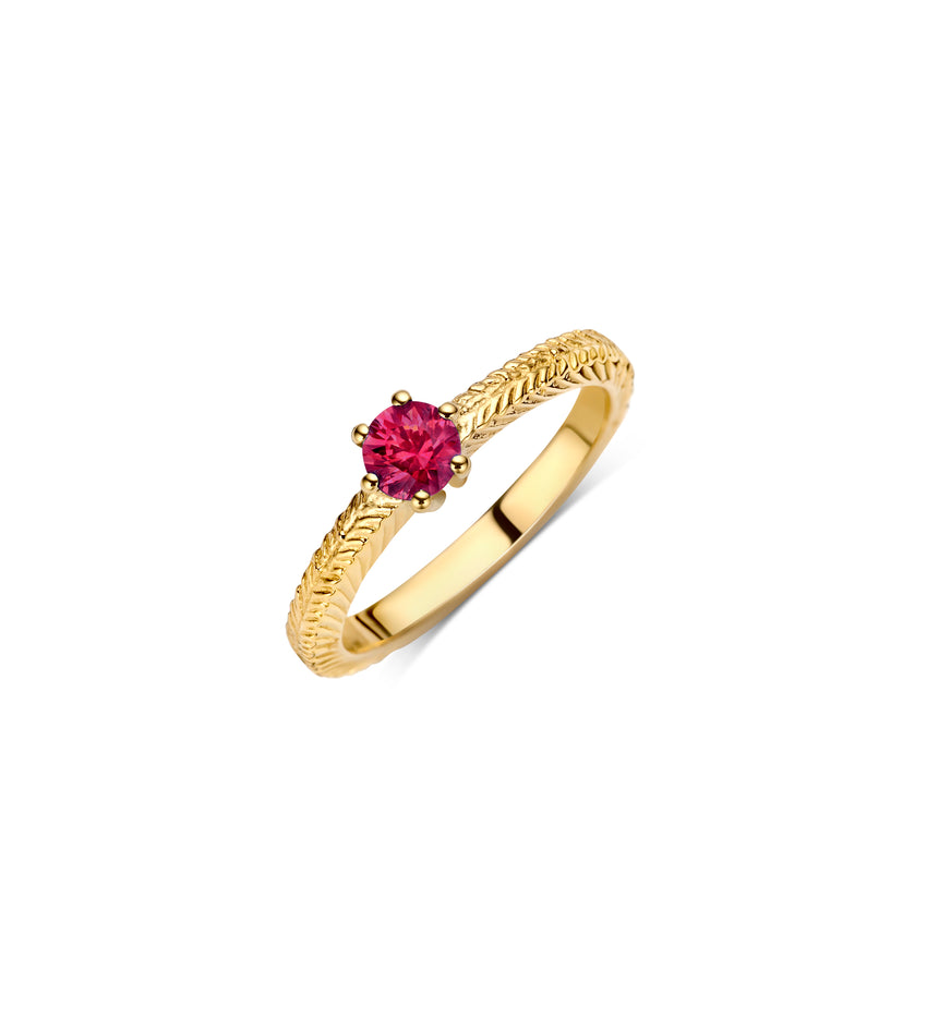 Birthstone Pinky Ring with Ruby gemstone and engraved palm leaf design