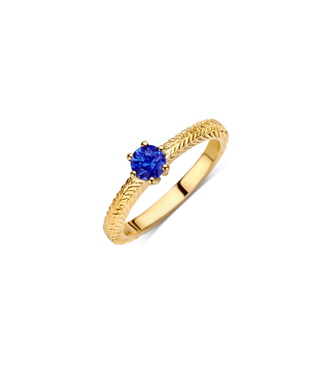Birthstone Pinky Ring with Sapphire gemstone and engraved palm leaf design